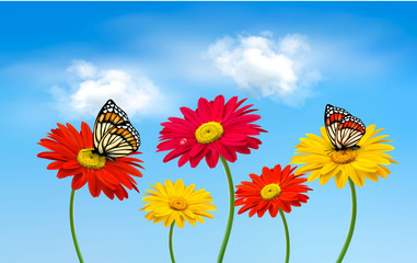 Poster - Nature spring gerber flowers with butterflies  Vector illustrati