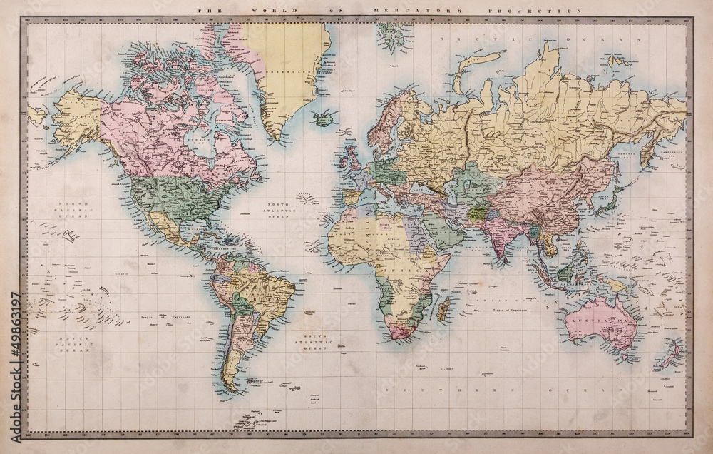 Old Antique World Map on Mercators Projection - obrazy, fototapety, plakaty 