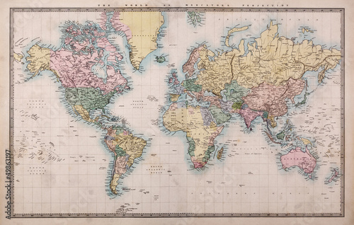 Obraz w ramie Old Antique World Map on Mercators Projection