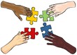 cztery ręce puzzle białe tło ilustracja kolor
