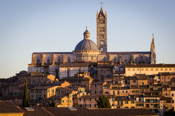 Cathedral in the old town of medieval Siena at sunset.