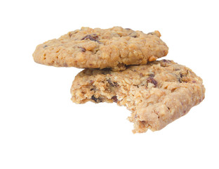 Oatmeal raisings cookies, eaten. Isolated on white.