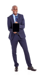 Wall Mural - black businessman holding tablet computer isolated on white