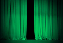 Green Or Emerald Curtain On Theater Or Cinema Stage Slightly Ope