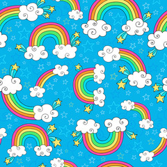 Wall Mural - rainbows sky and clouds seamless groovy vector pattern