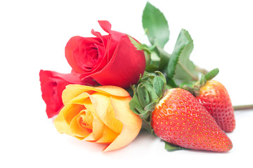 Wall Mural - bouquet of colorful roses and strawberry isolated on white