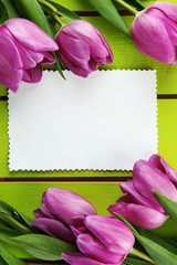 Wall Mural - Beautiful bouquet of purple tulips and blank card