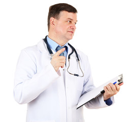 Poster - Medical doctor with stethoscope and clipboard isolated on white