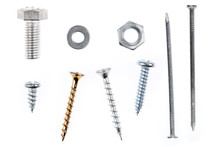 Nut, Bolt, Washer, Screws And Nails Isolated On White. Loose Parts