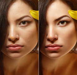 Wall Mural - Power of retouch - face of beautiful young woman before and afte