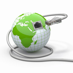 Fototapete - Global communication. Earth and cable, rj45.