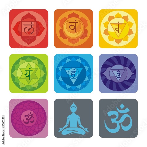 Fotografie, Obraz Spiritual set with chakras and yoga icons