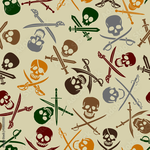 Naklejka dekoracyjna Pirate Skulls with Crossed Swords Seamless Pattern