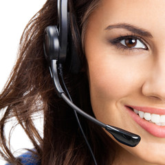 Support phone operator in headset, isolated