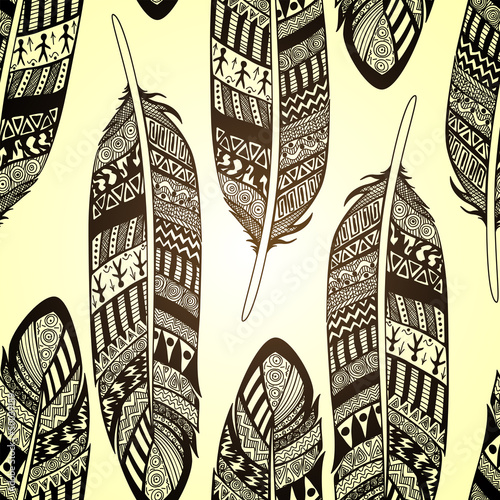 Plakat na zamówienie Vector seamless pattern with etno ornate feathers