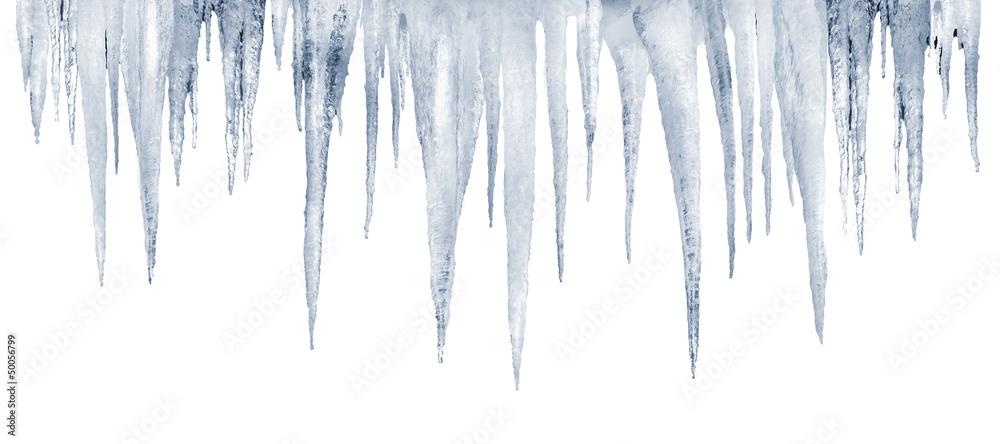 number of natural icicles on a white background  - obrazy, fototapety, plakaty 