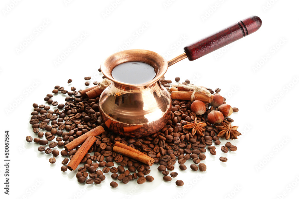 Coffee pot and coffee beans, isolated on white
