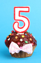 Poster - Birthday cupcake with chocolate frosting on blue background