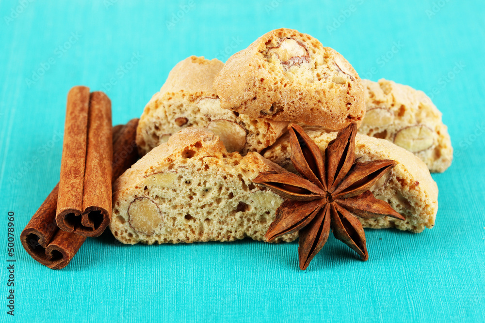 Aromatic cookies cantuccini on blue table