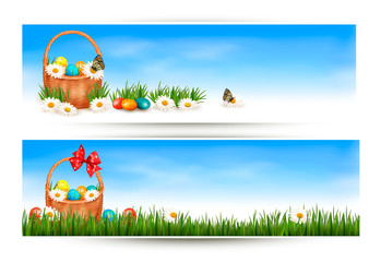 Fototapete - Easter banners with Easter eggs in basket and flowers. Vector