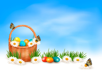 Fototapete - Easter background with Easter eggs in basket and butterfly on fl