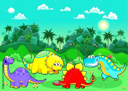 Obraz w ramie Funny dinosaurs in the forest.