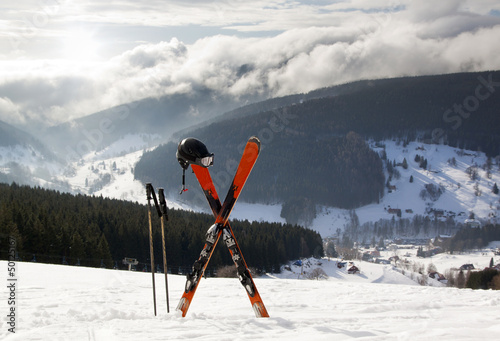 Naklejka na szybę Pair of cross skis in snow, High Mountains