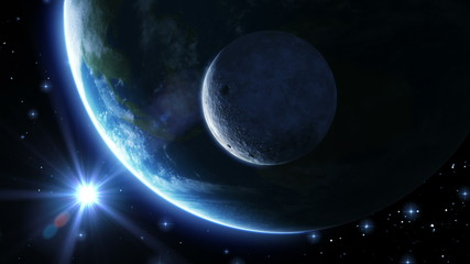 Wall Mural - Earth, moon and sun. Blue light. HD 1080.