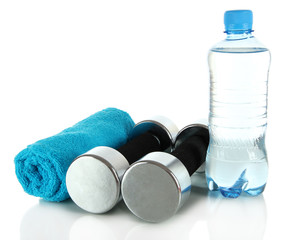 Sticker - Dumbbells with towel and bottle of water isolated on white