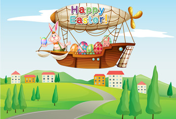 Poster - An airship with colorful eggs and two bunnies