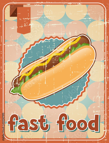 Naklejka ścienna Fast food background with hot dog in retro style.