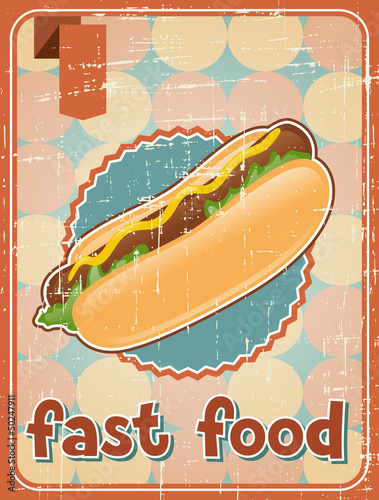 Naklejka - mata magnetyczna na lodówkę Fast food background with hot dog in retro style.