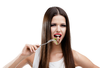 Woman with red lipstick eating roast meat, isolated on white