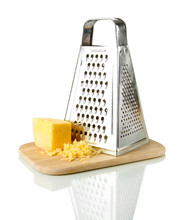 Metal Grater And Cheese On Cutting Board, Isolated On White