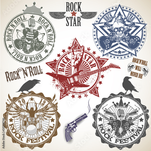 Naklejka - mata magnetyczna na lodówkę Set of stamps with symbols rock'n'roll