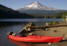 Single Red Kayak On Shore Trillium Lake Mount Hood Oregon