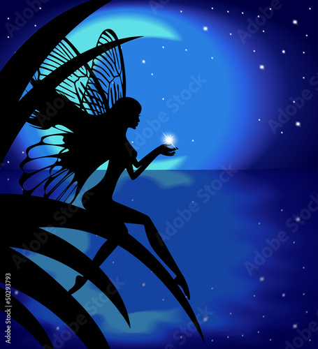 Fototapeta na wymiar Fairy girl holding a star on a background with the moon