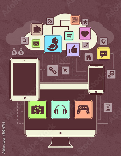 Obraz w ramie Gadgets, icons, networks, cloud.