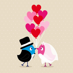 Poster - Wedding Couple Birds Heartballoons Beige