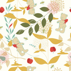  Vector Seamless Pattern with Leaves and Teddy Bears