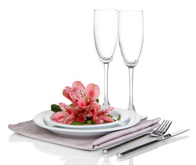 Fototapete - Festive table setting with flowers isolated on white