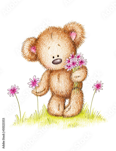 Naklejka ścienna drawing of teddy bear with pink flowers