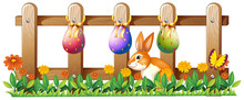 Easter Eggs At The Fence And A Bunny