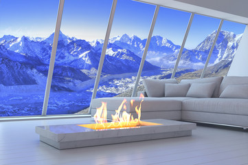 White 3D interior room with fireplace and mountain range view