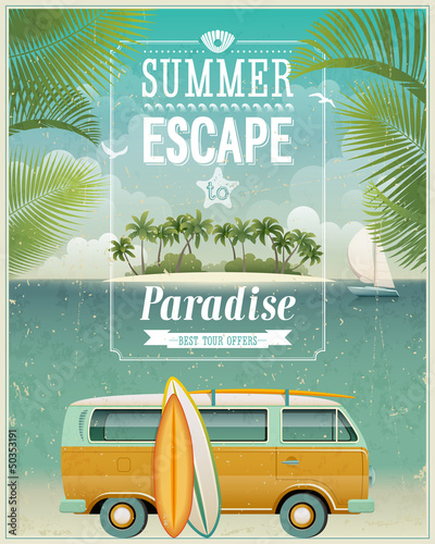 Fototapeta na wymiar Vintage seaside view poster with surfing van. Vector background.