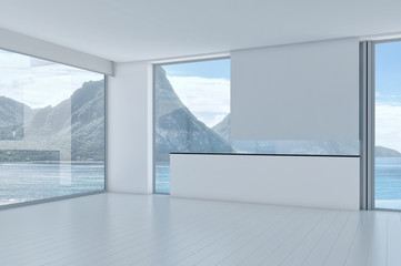 Wall Mural - Empty 3d modern loft interior with sea / ocean view