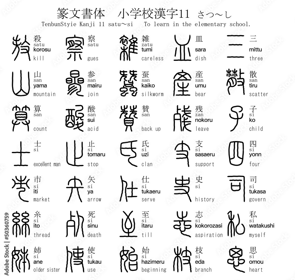 篆書 漢字 篆文書体 小学校 11 さつ～し Stock Vector | Adobe Stock