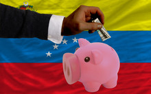 Dollar Into Piggy Rich Bank And  National Flag Of Venezuela