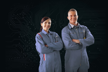 Poster - Mechanics standing in front of a circuit board background