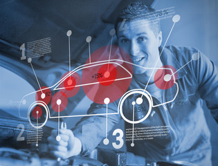 Poster - Mechanic reparing car while consulting futuristic interface